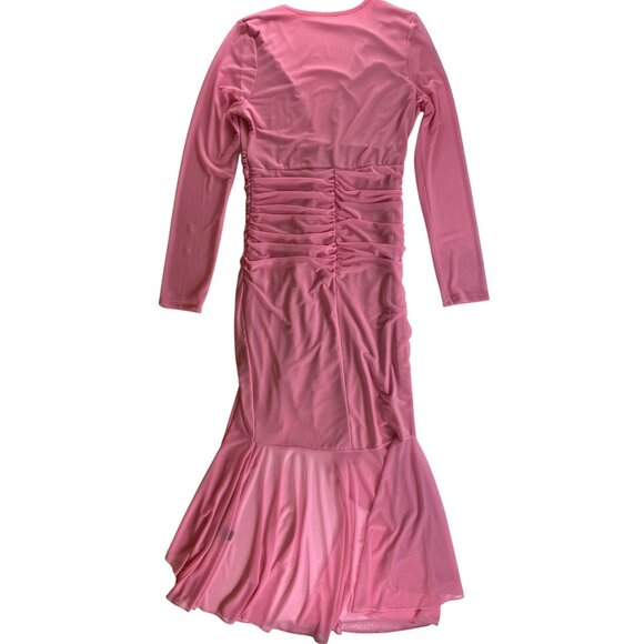 Pink Mesh Ruched Long Sleeve V-Neck Hi Low Dress Sexy Bodycon Barbie Large Date - Picture 2 of 5